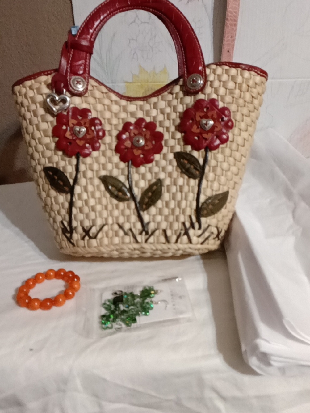 Brighton Red Floral Woven Tote with Cream Straw